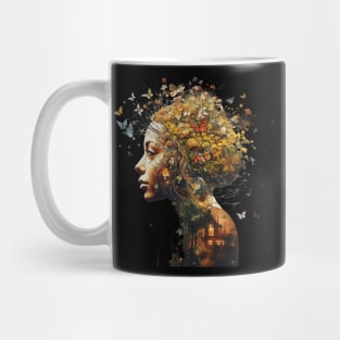 Woman With Flowers And Butterflies Surrounding Her Face Harmony of Life Mug